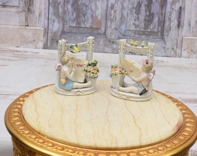 Amazing Two Porcelain Figurines - Angels Writing Letter - Vintage Painted Porcelain - Home Decor - Exclusive Gift