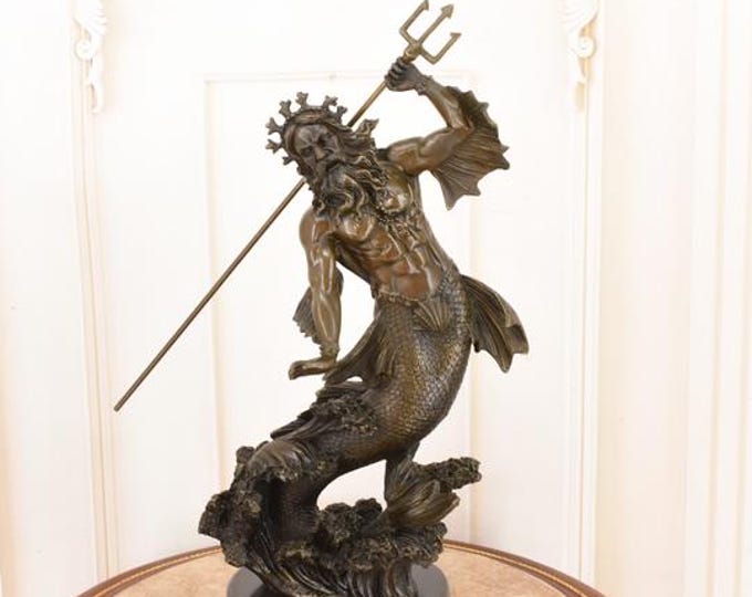 Bronze Neptune Statue with Trident: Mythological Roman God Decor (22.83 inches)