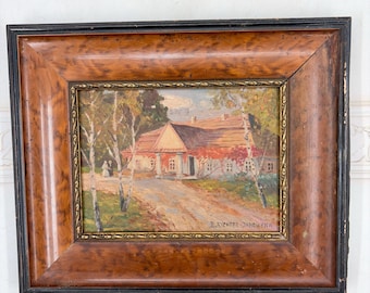 Antique Polish Manor House Landscape Oil Painting – B. Rychter-Janowska Style (Oil on Wood)