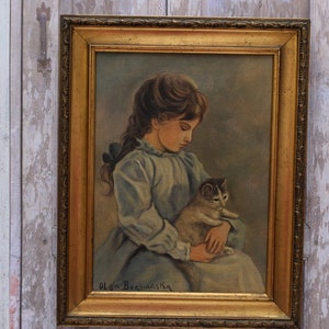 Tableau ancien Fille avec chat - Peinture sur toile avec cadre vieil or - Tableau art déco de l'artiste polonais - Décoration murale - Décoration d'intérieur