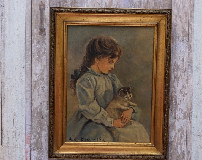Antique Painting Girl with Cat - Painting on Canvas with Old Gold Frame - Art Deco Painting Polish Artist - Wall Decor - Home Decor