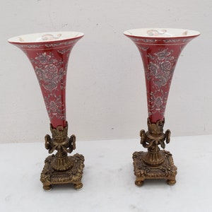 Pair Red Vases Porcelain with Bronze Vase Bottle ArtNouveau Vase Figurines Flower Ornaments  Vintage Art Deco Gift -