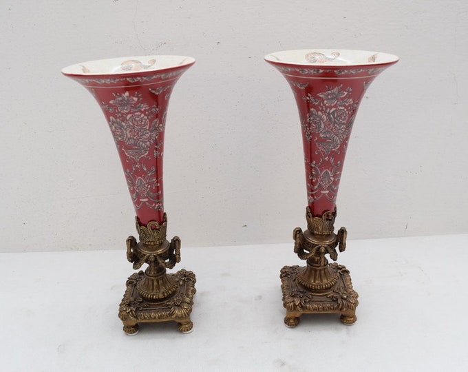 Pair Red Vases Porcelain with Bronze Vase Bottle ArtNouveau Vase Figurines Flower Ornaments  Vintage Art Deco Gift -