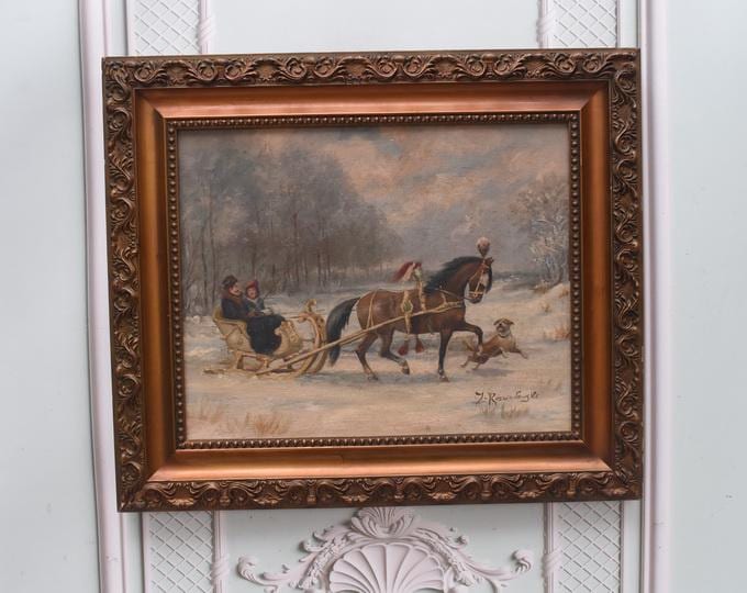 Aristocrats in a Sleigh – Winter Romantic Scene - Rozwadowski Art – Very Old Oil Painting on Canvas