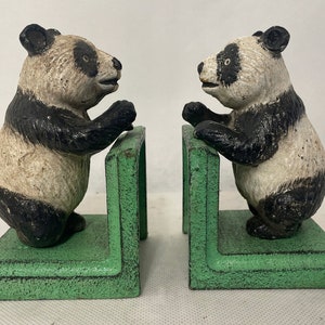 Pair Panda Bookends Bear Cast Iron Sculpture Figurine Animal Figure Gift Idea  Home Decor Book Support