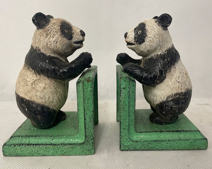 Pair Panda Bookends Bear Cast Iron Sculpture Figurine Animal Figure Gift Idea  Home Decor Book Support