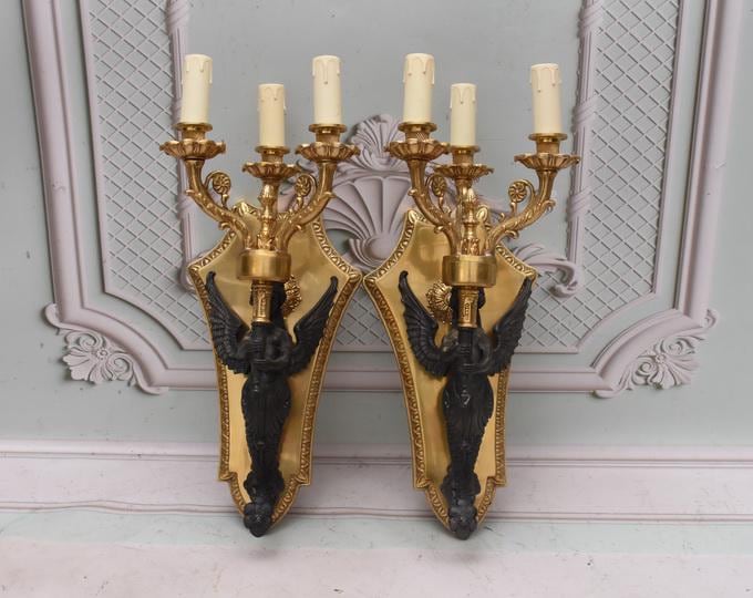 Vintage Bronze Empire Wall Sconces – Winged Nymphs Pair, French Classic Decor