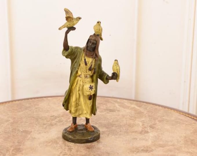 Vienna Bronze Style Arab Trainer Figurine – Hand Painted Oriental Sculpture With Parrots – Signed Figure