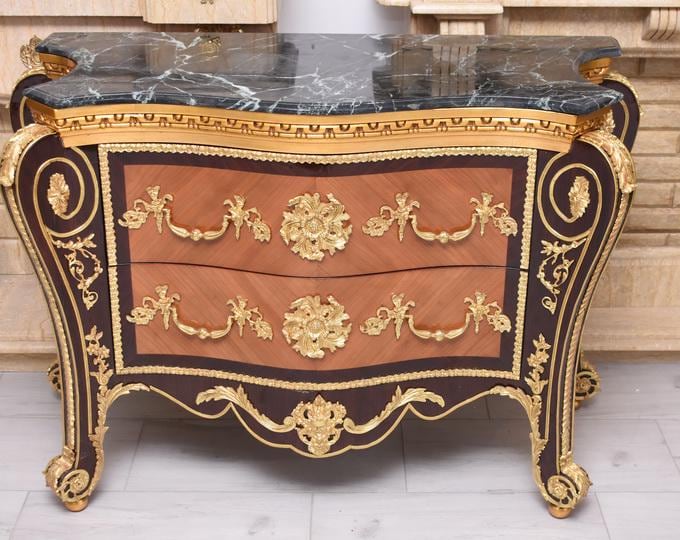 French Baroque Commode: Antique Beech Wood Chest with Marble Top 1930