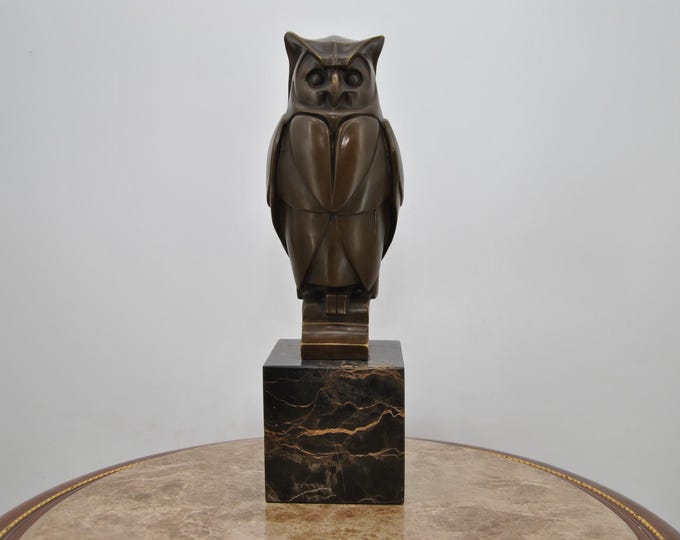Bronze Owl Art Deco Figurine – Symbol of Wisdom – Marble Base Sculpture – Exclusive Foundry Mark – Unique Gift and Home Decor