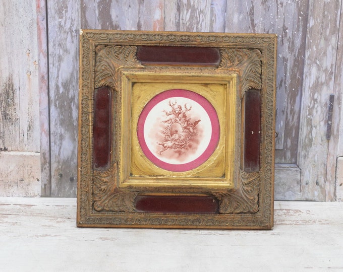 Painting on Porcelain - Flyings Angels - Antique Gold and Brown - Old Medallion - Wall Decor - Wall Art Gift Idea - Porcelain Painting