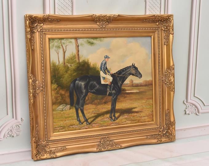 Large Painting Jockey on Horse in Golden Frame - Horse Painting - Oil on Wood - French Art Wall Decor - Horse Art - Luxury Gift - Home Decor