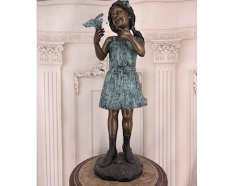 Bronze Statue Girl with Bird – Richly Decorated Garden Sculpture