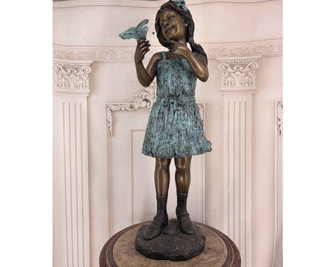 Bronze Statue Girl with Bird – Richly Decorated Garden Sculpture