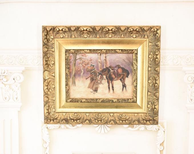 Antique Polish Oil Painting – Returning Soldier from War