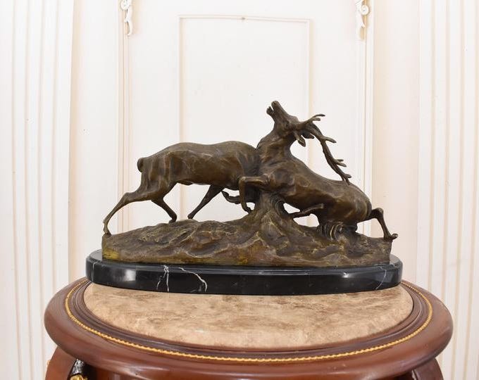 Bronze Sculpture: Fighting Deer Stag Statue, Hunter Gift, Home Decor (9.45x15.75 inches)