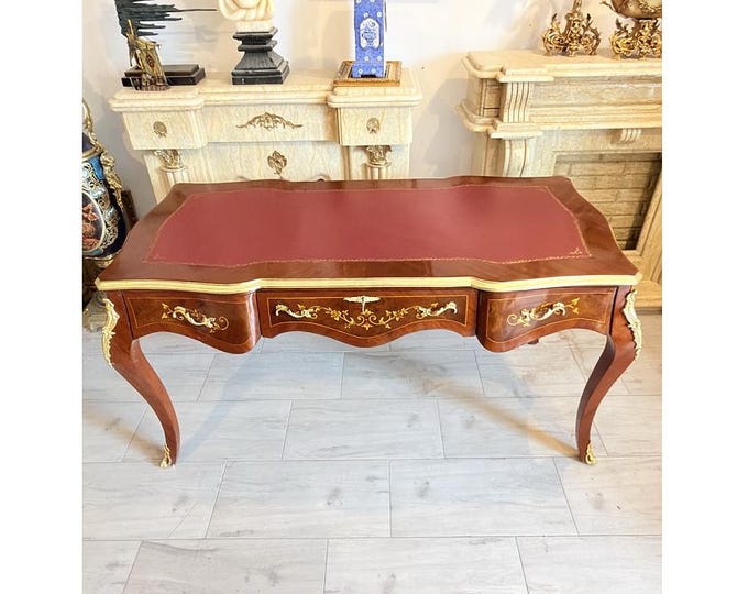 LARGE Vintage Louis XVI Style Inlaid Writing Desk, French Leather Top Office Furniture