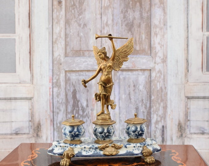 Blue Inkwell - Victory Porcelain with Bronze Ornaments Inkwell - Inkstand Home and Office Decor - Porcelain Luxury Gift