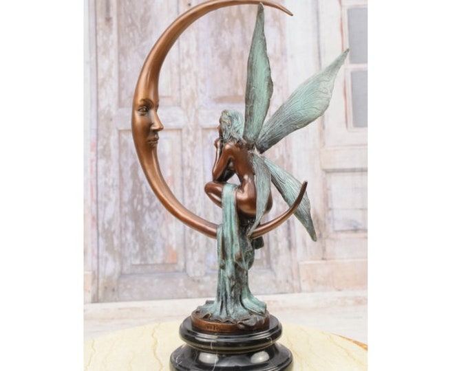 Mermaid on Half Moon - Patina Bronze Figurine on Marble Base - Pensive Elf Thumbnail Statue - Exclusive Gift Idea - Home Decoration
