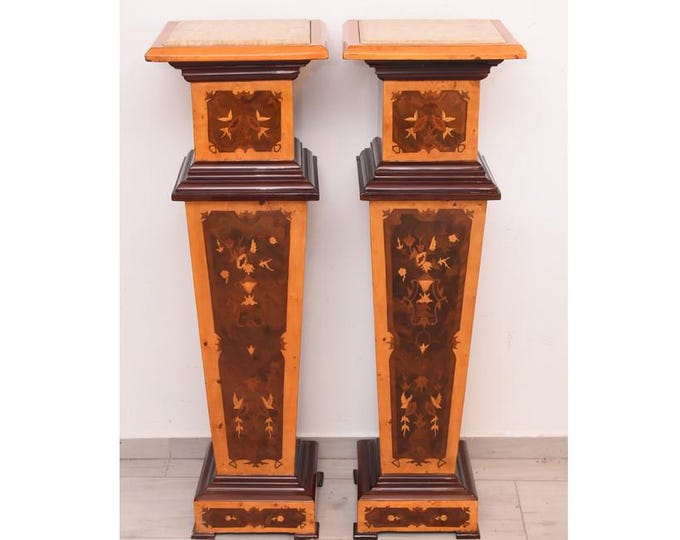 Pair of Art Deco Pedestals — Burl Wood Columns with Marble Tops — Elegant 1930s Display Stands, Home Décor, Gift Idea