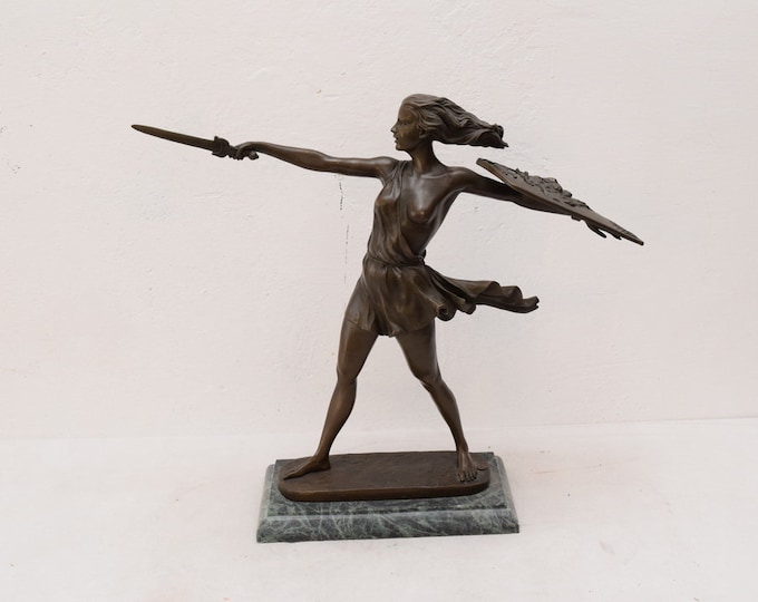 XL Warrior Fighter Woman with Sword and Armor Bronze Figure-  Mythology Gift Sculpture -