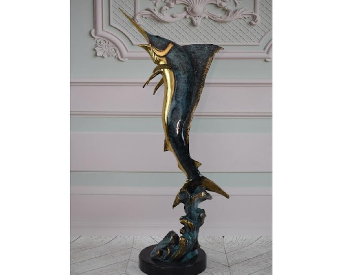 Big 87cm Gilded Bronze Fish - Marlin Bronze Statue - Art Work Painted Sailfish - Gift for Fisherman - Fish Sculpture on Marble Base