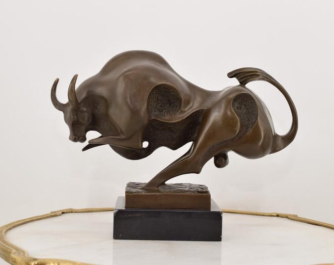 Large Modernist Bull Bronze Sculpture – Bull Statue on Marble Base – Wall Street Inspired – Symbol of Strength & Success