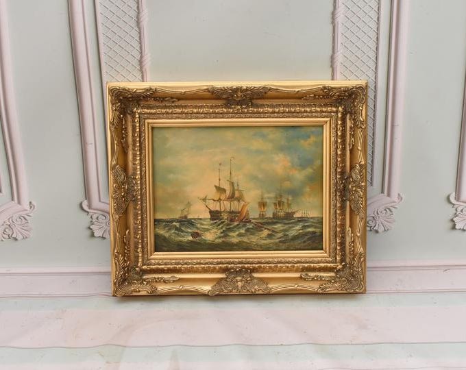 Vintage Boat Painting on Sea with Gold Frame | Nautical Wall Art | Handmade Seascape Artwork | Coastal Home Decor |