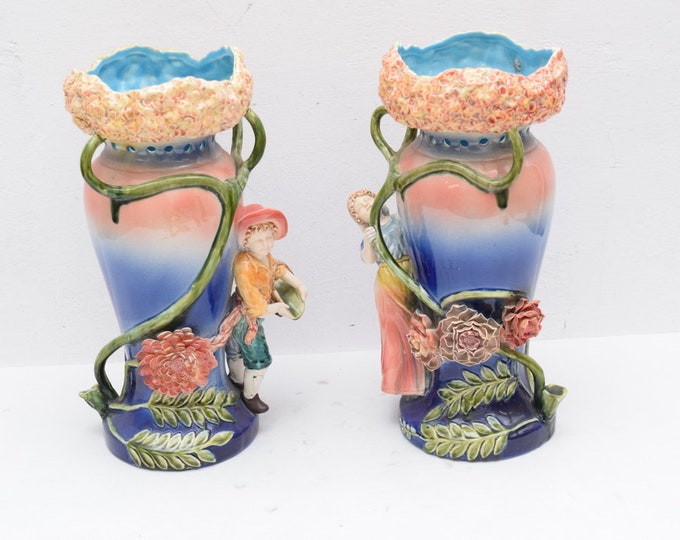 Pair Flowerpots Plateau Art Nouveau Flower Desing Ceramic Bottle Vase Ornaments  Vintage Art Deco Gift