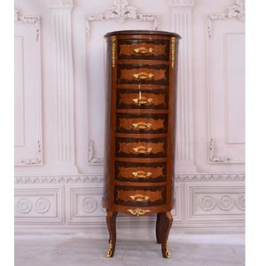 Round French Louis XVI Style 7-Drawer Commode – Vintage Weekly Chest – Brass Ornaments – Elegant Wooden Dresser