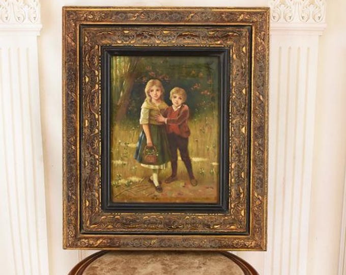 Vintage Oil Painting Brother Sister Garden Scene – Framed European Children Wall Art