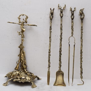 Set of Fireplace Tools Made of Polished Brass - Fireplace Accessory - Stove Tong Set - Exclusive Hunter Gift Idea