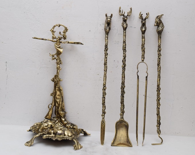 Set of Fireplace Tools Made of Polished Brass - Fireplace Accessory - Stove Tong Set - Exclusive Hunter Gift Idea
