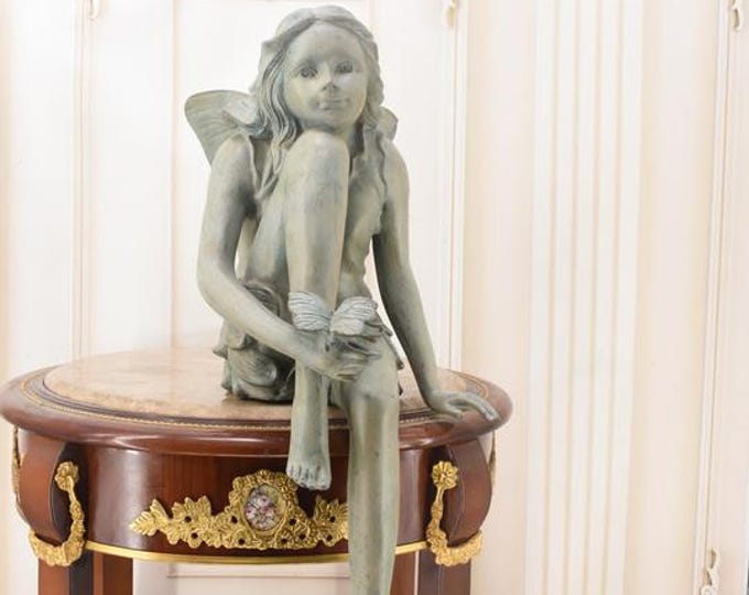 Seated Thumbelina with Butterflies – Vintage Patinated Bronze Sculpture – Fairy Garden Statue – Unique Decorative Art