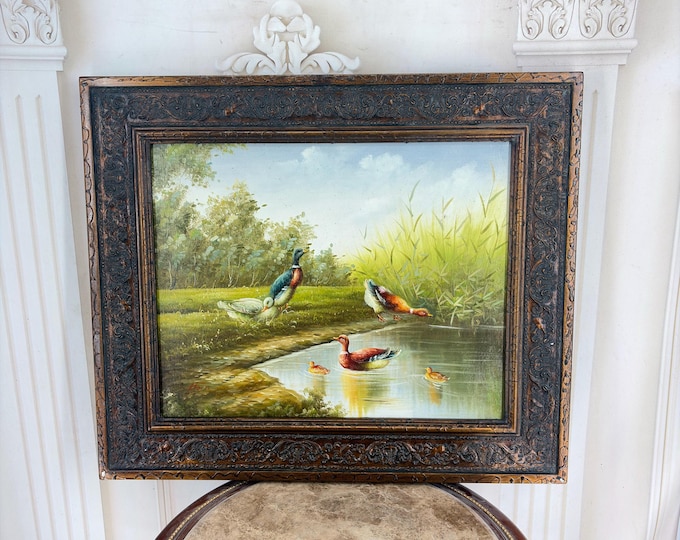 Vintage French Oil Painting Duck Family Pond Scene – Hand-Painted Wood Art, Ornate Gold Frame