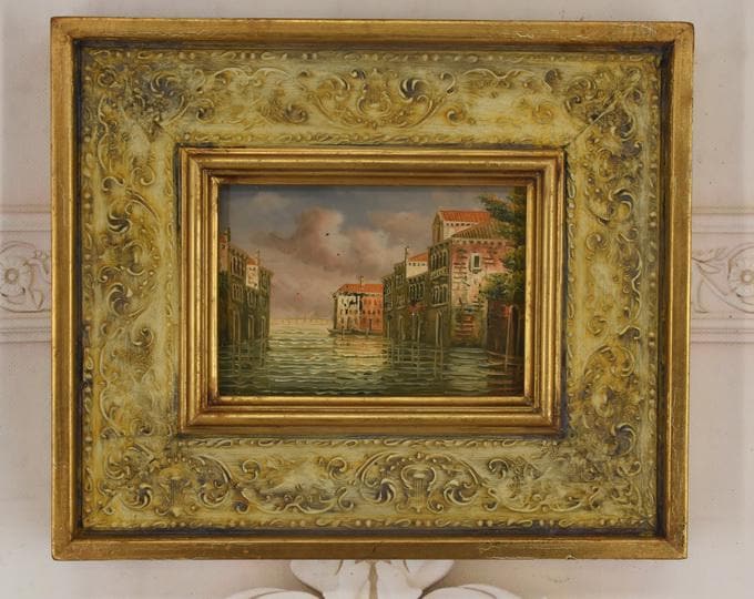 Venice Canal Painting – Italian Cityscape Art in Golden Frame