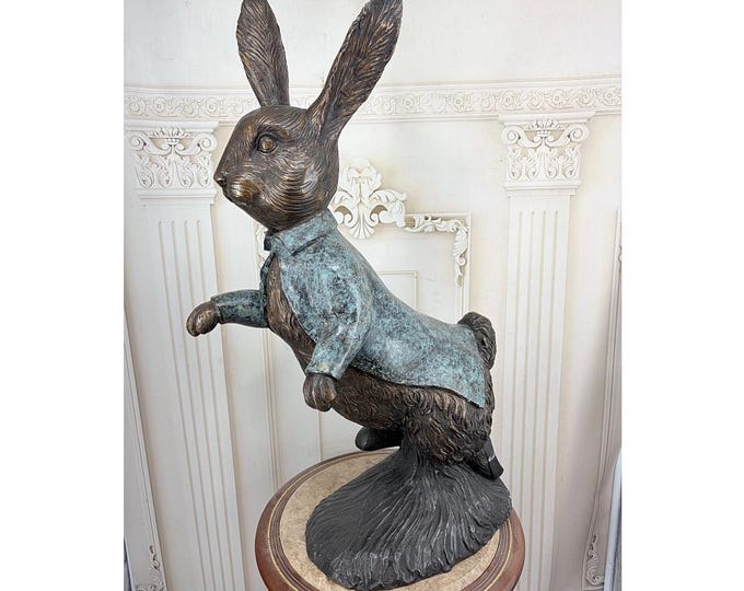 Large Vintage Bronze Rabbit Statue - Elegant Dressed Hare Figurine - Heavy Standing Bunny Sculpture
