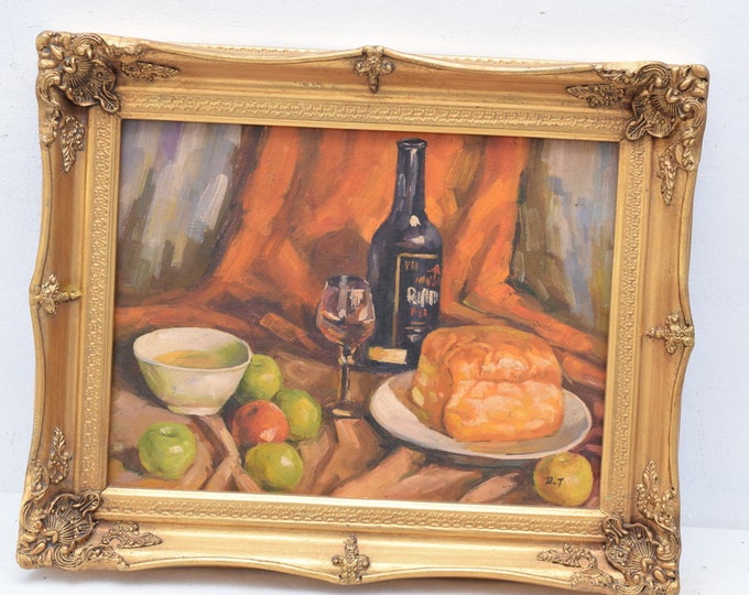 Still Life Large Painting in Golden Frame - Amazing Oil on Canvas French Art Deco - Gift Wall Decoration
