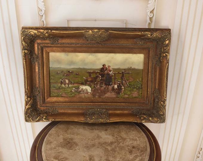 Shepherds with Sheep – Vintage French Oil Painting on Wood – Gold Frame – Rural Pastoral Scene – Unique Wall Art