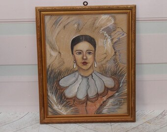 Antique Painting - Portrait Woman Witkacy 1929 - Old Painting on Carton - Drawing Pastel Art Nouveau - Home Decor - Wall Decor - Wall Art