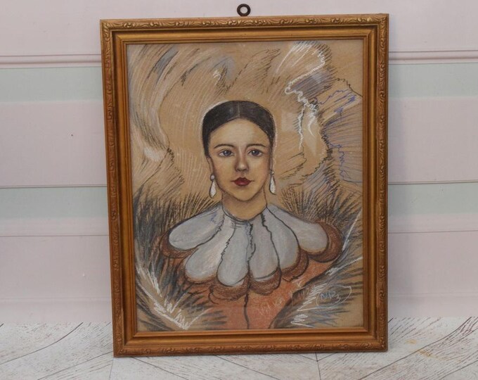 Antique Painting - Portrait Woman Witkacy 1929 - Old Painting on Carton - Drawing Pastel Art Nouveau - Home Decor - Wall Decor - Wall Art