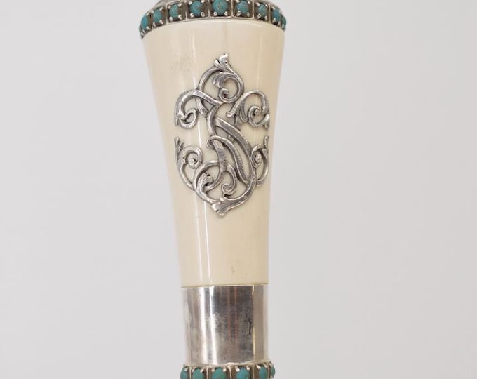 Antique Silver Walking Stick With Hunter Motif – Tsarist Russia Cane – Heraldic Design – Blue Stone Details – Gift For Grandfather
