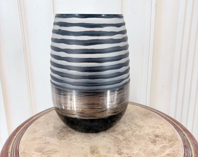 Vintage Black and Grey Striped Art Glass Vase - Heavy Decorative Glass - Modernist Style