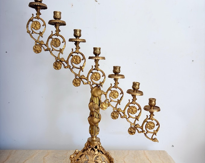 Large Vintage Brass Candelabra - 7 Arm Candle Holder - Ornate French Style Centerpiece