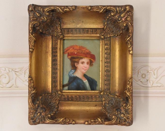 French Aristocrat Portrait Painting: Old Oil on Wood with Golden Frame