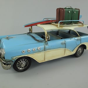Carro modelo de metal azul e branco - Automóvel antigo - Item de colecionador - Ideia de presente de brinquedo - Carro americano clássico da velha escola - Carro de surfe - Ideia de presente