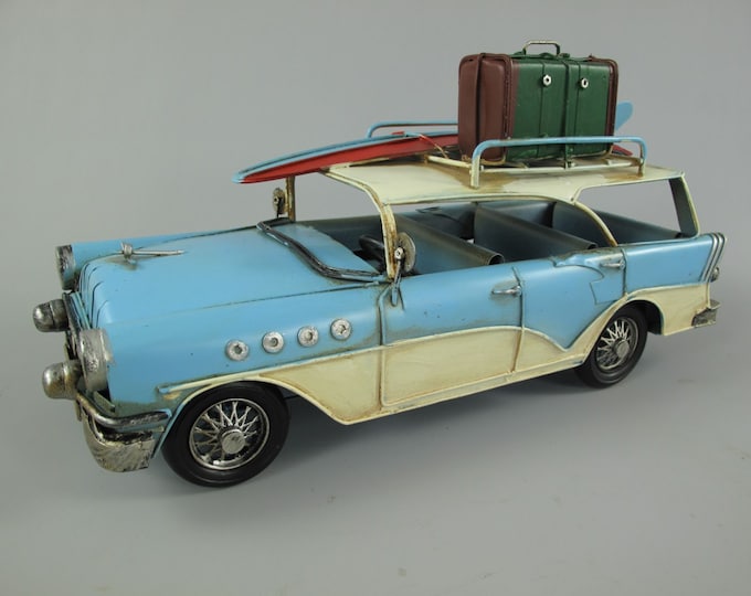 Blue and White Metal Model Car - Vintage Auto - Collector Item - Toy Gift Idea - Old School Classic American Car - Surfing Car - Gift Idea