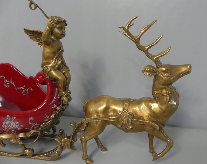 Chariot with Deer Porcelain with Bronze Red Plateau Cupid Angel Art Nouveau Vintage  Gift