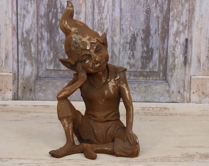 Funny Sitting Pensive Gnome - Cast Iron Rustical Pixie - Vintage Figure - Garden and Home Decor - Funny Garden Sculpture - Housewarming Gift