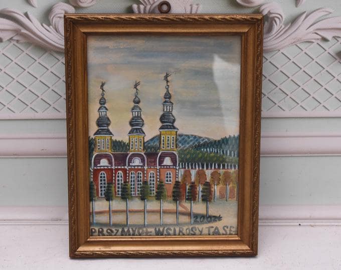 Nikifor Krynicki Painting: Old Krynica Zdroj, Polish Art Pastel on Carton